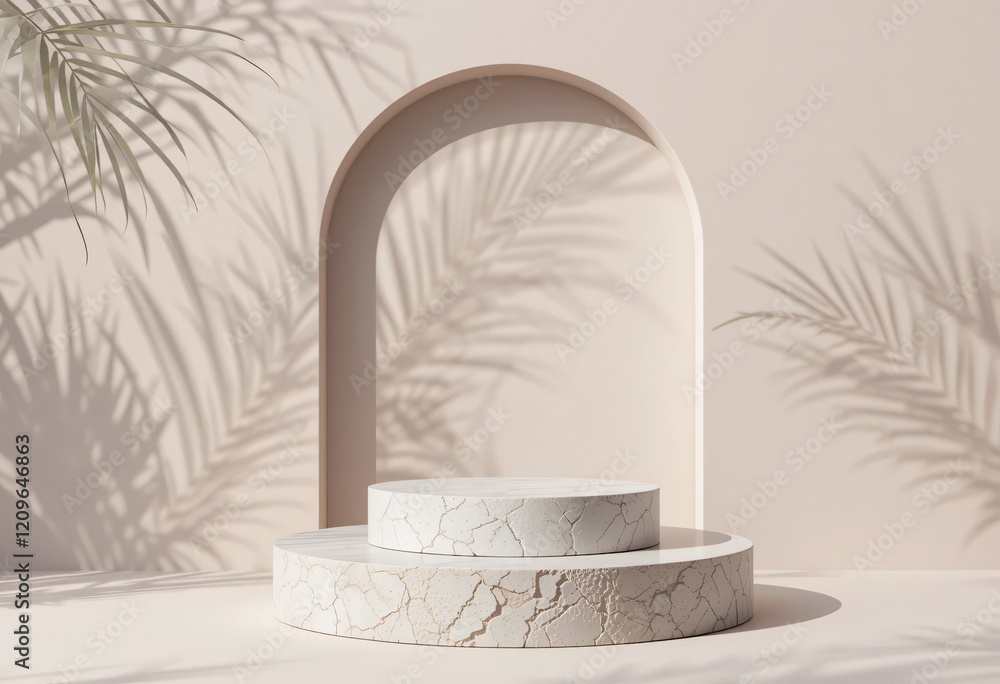 Empty stone podium display with palm leaf shadow, Cosmetic beauty product promotion mock up, Nature pedestal. Tropical minimal studio Empty stone podium display with palm leaf shadow, Cosmetic beauty product promotion mock up, Nature pedestal. Tropical minimal studio