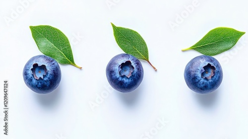 Fresh ripe blueberries with green leaves arranged on a clean white backdrop showcasing their vibrant color and natural appeal photo