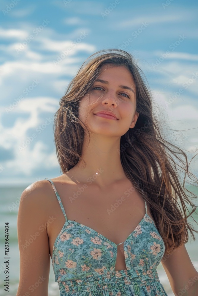 Portrait of a Beautiful Young Woman with Long Brown Hair on the Beach Portrait of a Beautiful Young Woman with Long Brown Hair on the Beach
