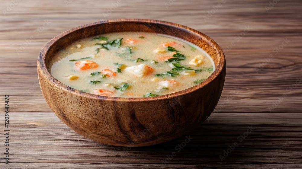 Seafood Soup with Fresh Vegetables in Rustic Wooden Bowl on Natural Wood Background Seafood Soup with Fresh Vegetables in Rustic Wooden Bowl on Natural Wood Background