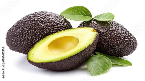 Fresh ripe avocados with vibrant green flesh and leaves on a clean white background ideal for healthy cooking or organic food themes photo