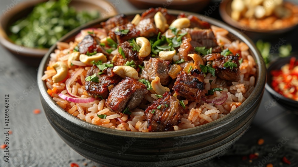 Bowl of Tasty Rice with Meat and Vegetables on Table, Close-Up Bowl of Tasty Rice with Meat and Vegetables on Table, Close-Up