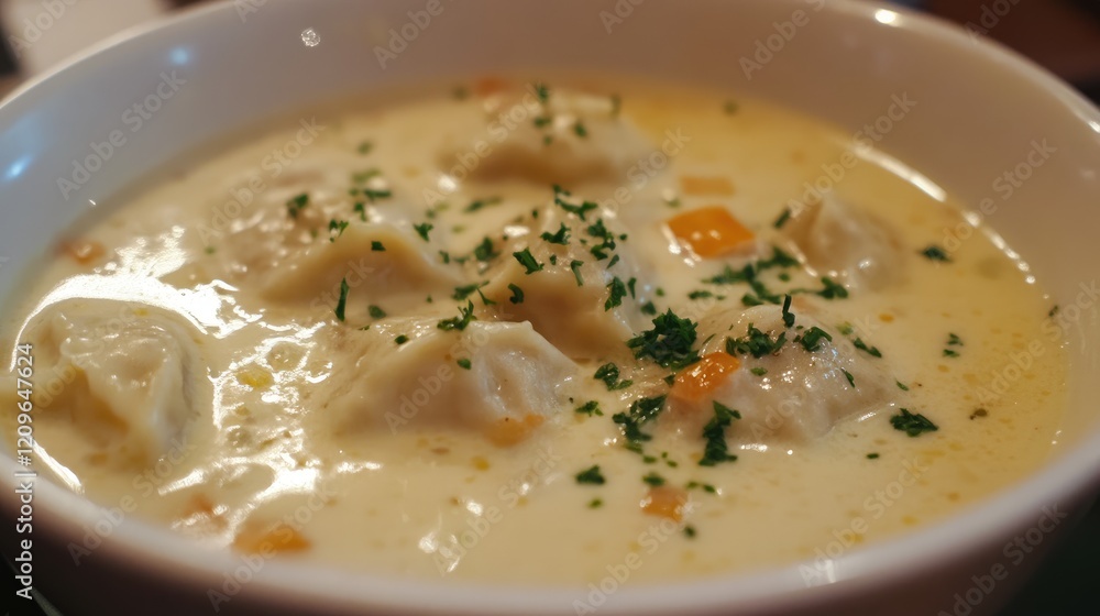 Delicious Russian dumplings served in a creamy sour sauce garnished with fresh herbs in a white bowl on a rustic table Delicious Russian dumplings served in a creamy sour sauce garnished with fresh herbs in a white bowl on a rustic table