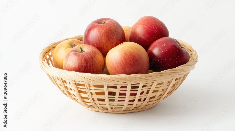 Freshly picked ripe apples arranged in a rustic wooden fruit basket on a clean white background. Freshly picked ripe apples arranged in a rustic wooden fruit basket on a clean white background.