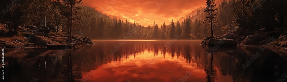 Stunning sunset reflection over a serene lake surrounded by evergreen trees. Stunning sunset reflection over a serene lake surrounded by evergreen trees.