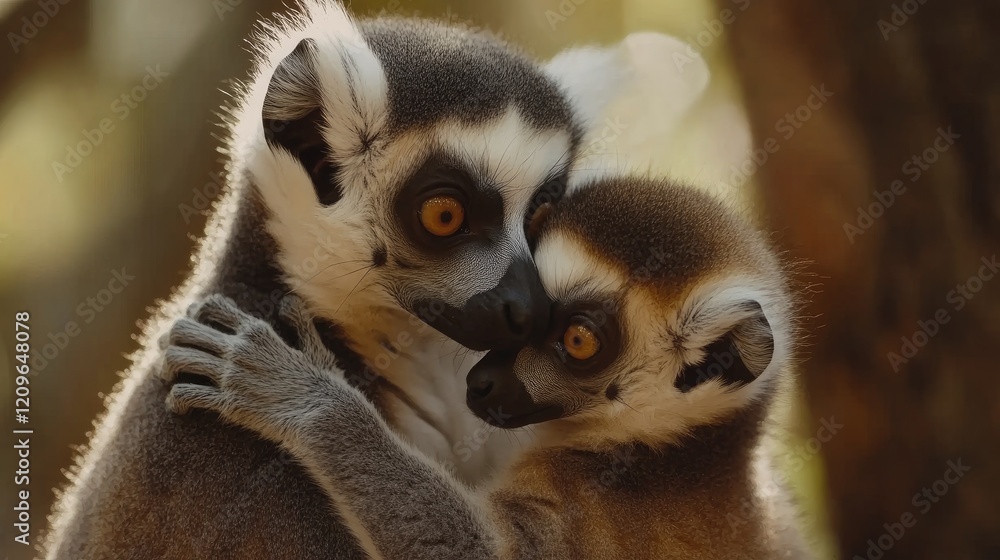 Fototapeta premium Ring tailed lemurs displaying affectionate behavior in a natural setting surrounded by greenery