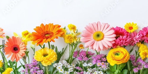 Wallpaper Mural Bright floral arrangement with orange, pink, and yellow blossoms on a white background, spacious area for text, featuring daisies and ranunculus. Torontodigital.ca