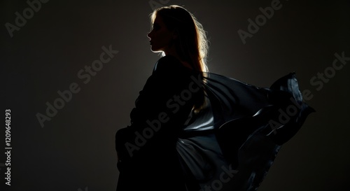 Silhouette of woman in flowing dress with backlight illumination photo