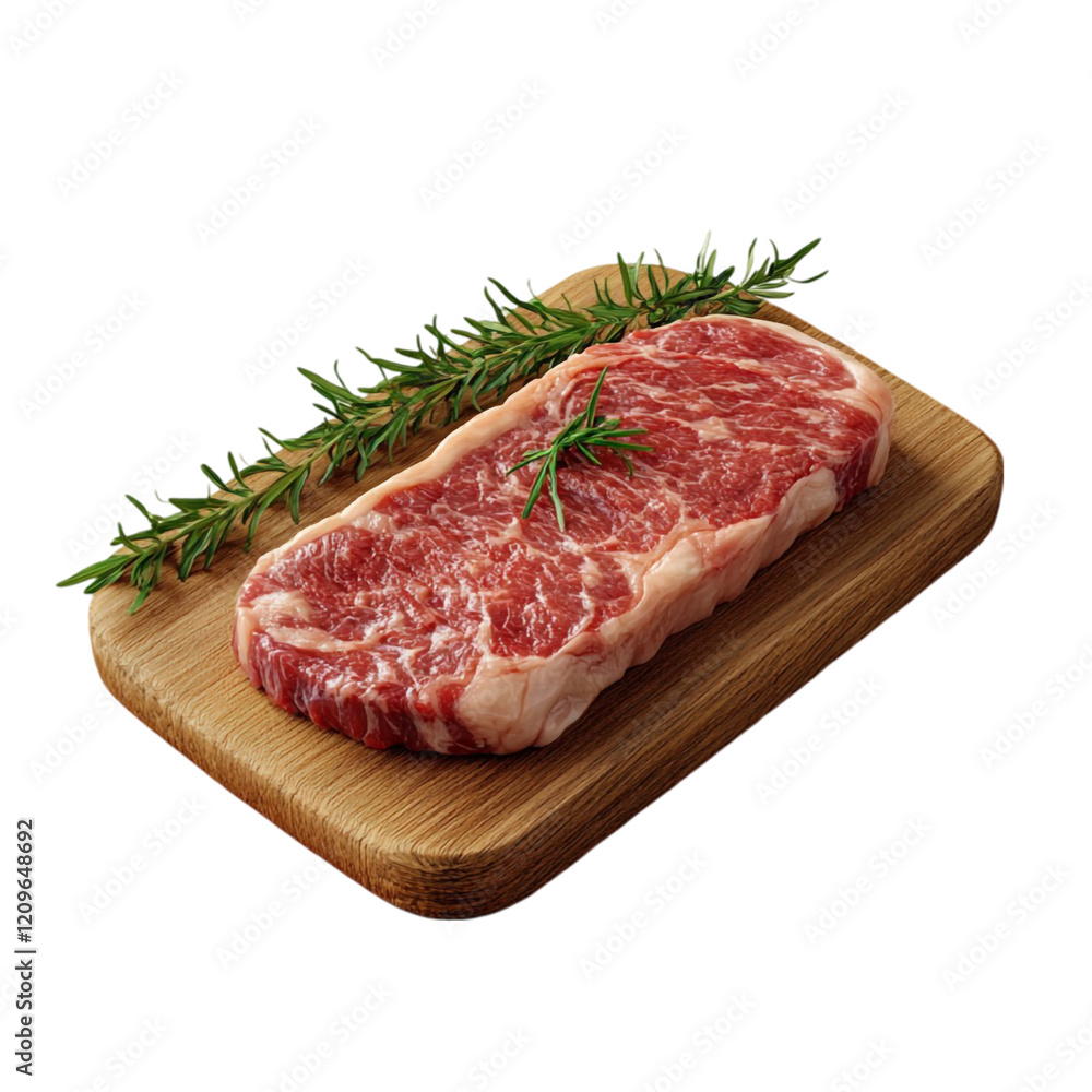 Raw Strip Steak on Wooden Board with Rosemary, Raw Strip Steak on Wooden Board with Rosemary,