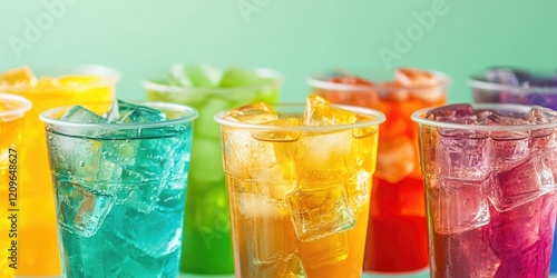 Colorful summer cocktails in plastic glasses filled with ice cubes arranged in a row against a refreshing green backdrop showcasing vibrant hues photo