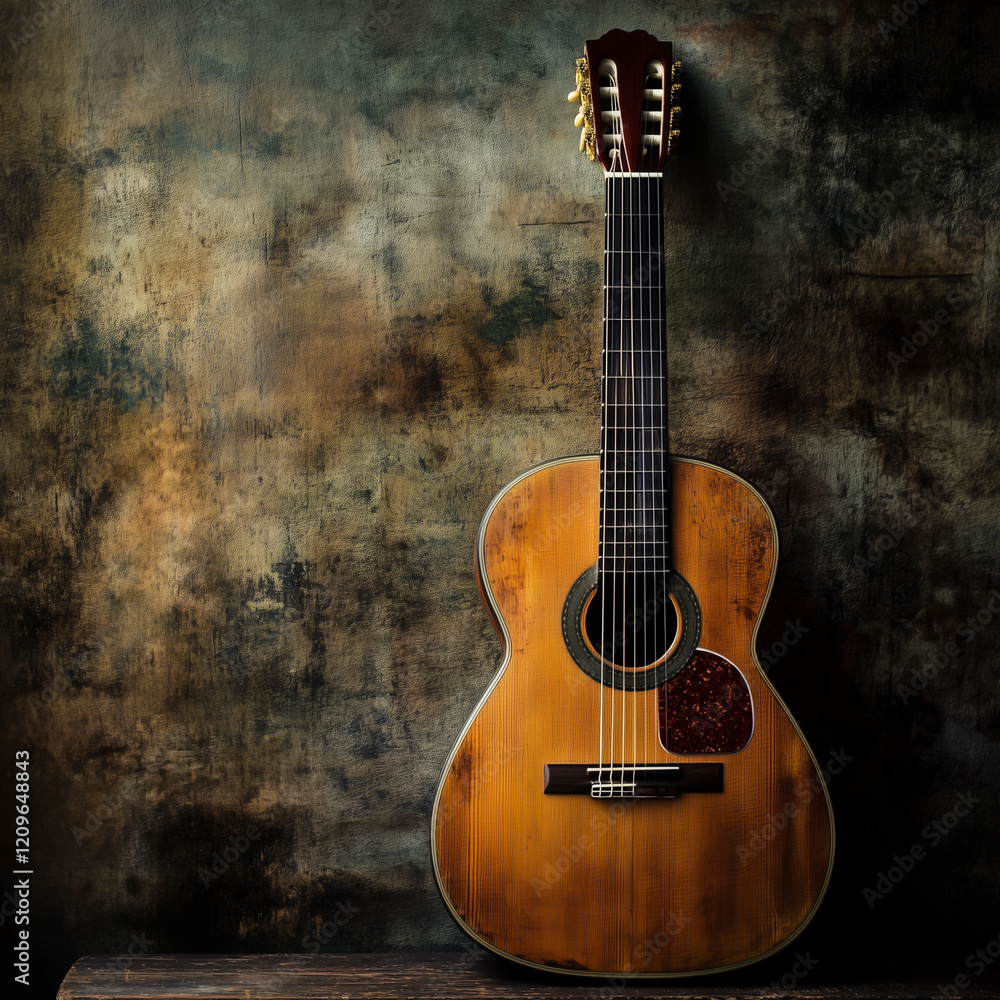 Naklejka premium Classical guitar leaning against the wall.