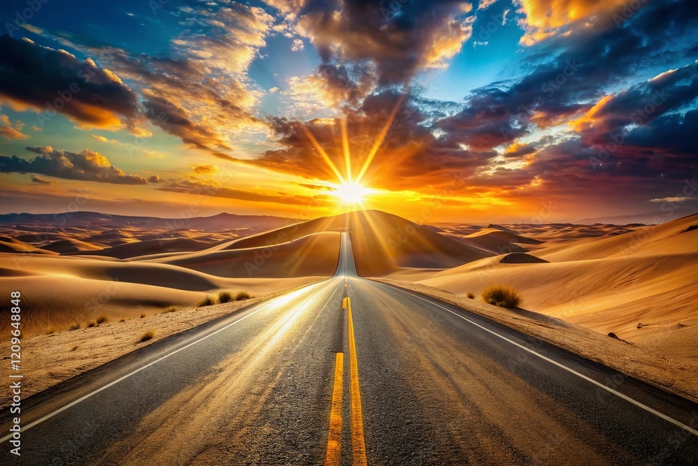 Desert Highway Double Exposure: Sunbeams & Sandscape Stock Photo Desert Highway Double Exposure: Sunbeams & Sandscape Stock Photo