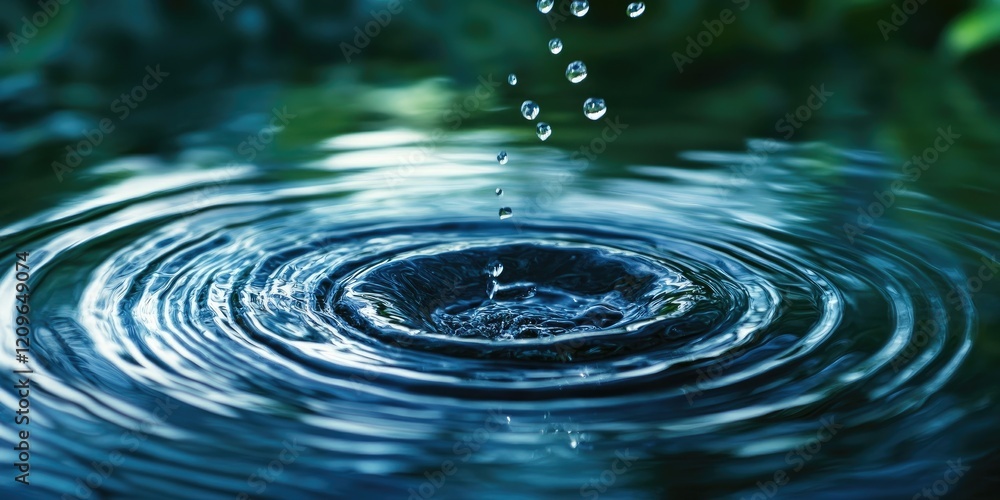 Blue water surface with ripples and droplets falling, circular waves emanating from center, blurred green background creating a serene atmosphere. Blue water surface with ripples and droplets falling, circular waves emanating from center, blurred green background creating a serene atmosphere.