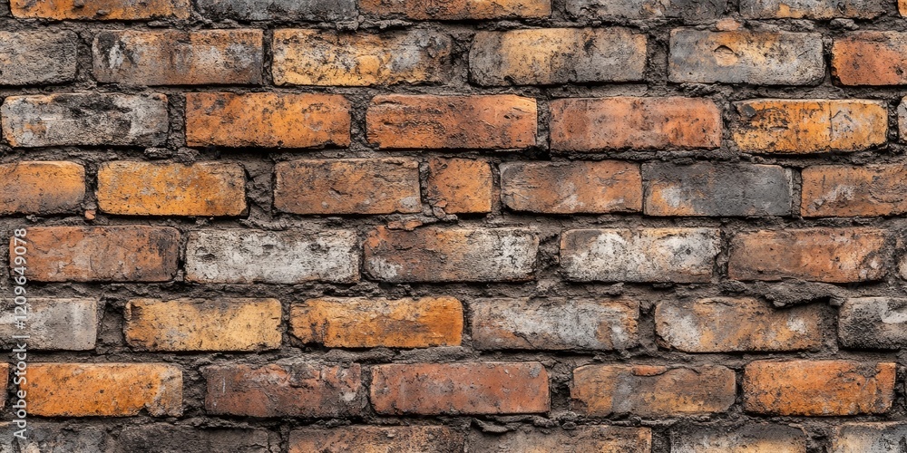 Weathered brick wall with a mix of orange and gray tones, showcasing unique textures and character in a horizontal arrangement. Weathered brick wall with a mix of orange and gray tones, showcasing unique textures and character in a horizontal arrangement.