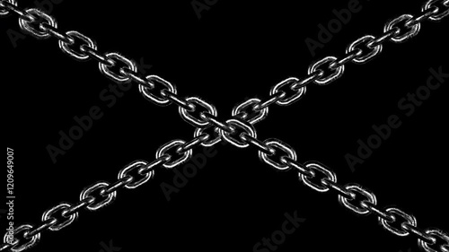Crossed rough silver chains endlessly pull like overlay, background with alpha channel 3d render. Chains design element, data loading, establishing links, connecting, merging, grunge style