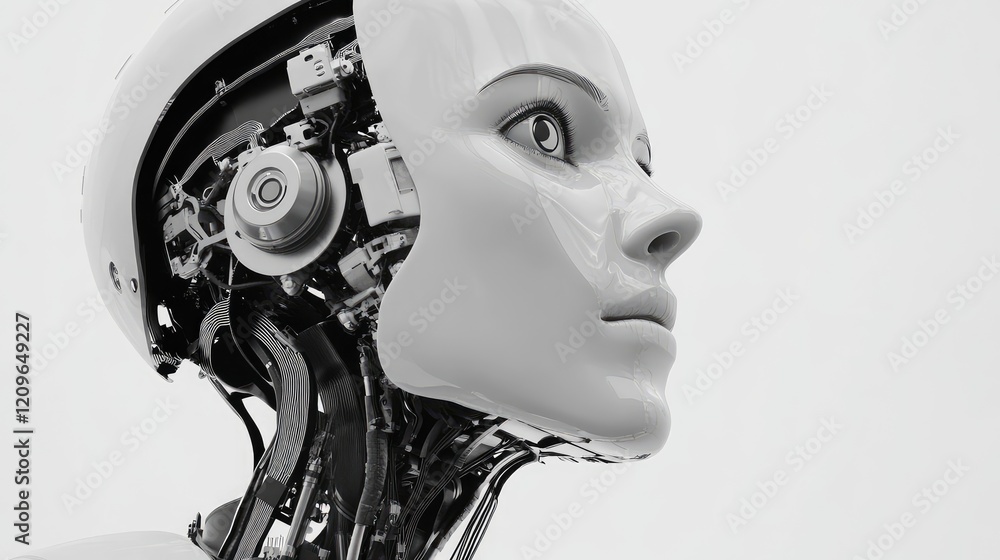 Futuristic White Robot Head with Intricate Mechanisms Against Soft Gray Background Representing Innovation in Advanced Technologies