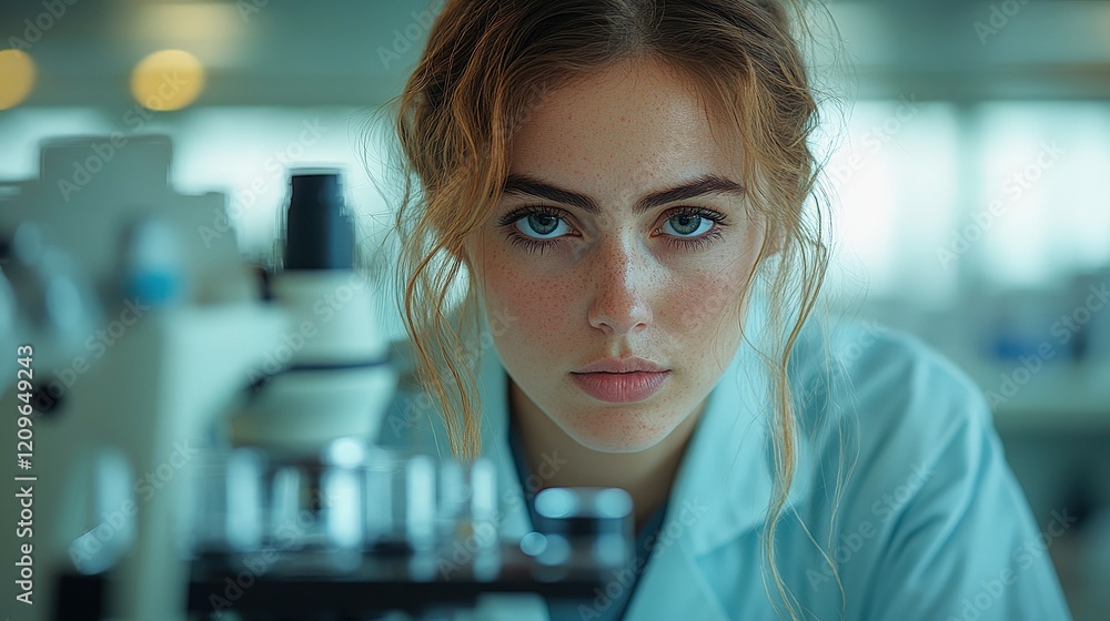 Focused female scientist examines samples with microscope in a modern lab Focused female scientist examines samples with microscope in a modern lab