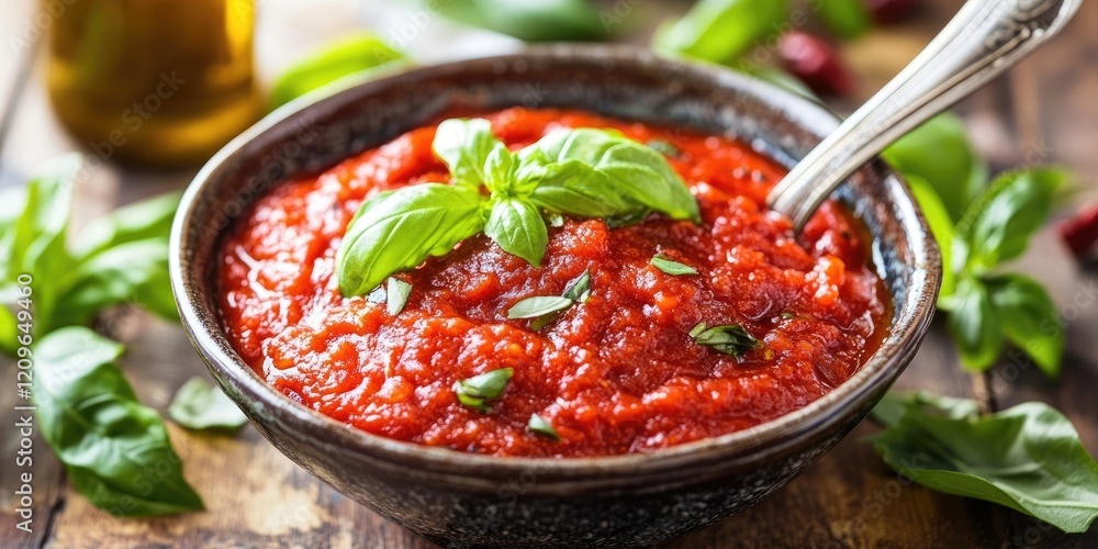 Vibrant red tomato sauce in a textured bowl with fresh basil leaves and greenery on a rustic wooden surface with silver spoon on the side Vibrant red tomato sauce in a textured bowl with fresh basil leaves and greenery on a rustic wooden surface with silver spoon on the side
