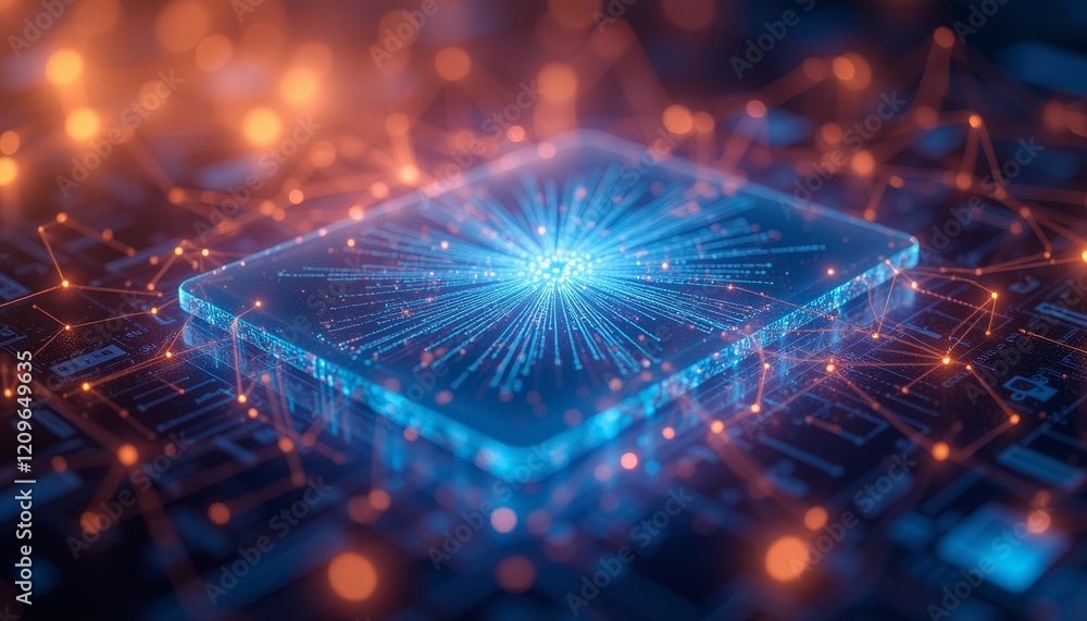 Digital energy burst radiating from glowing microchip Digital energy burst radiating from glowing microchip