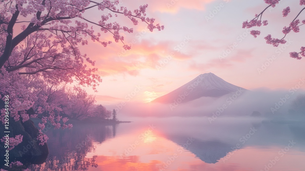 Obraz premium Serene sunrise over majestic Fuji mountain, reflected in calm lake, framed by blossoming cherry trees.