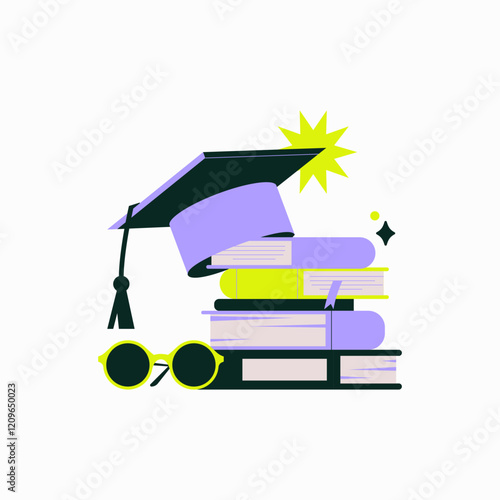 Graduation Cap On Stack Of Books With Glasses In Flat Vector Illustration Symbolizing Education, Knowledge, And Academic Success, Isolated On White Background.