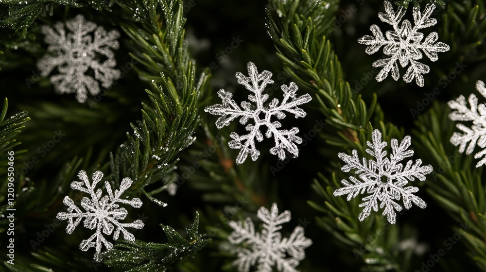 Frosted Snowflakes on Evergreen Branches: A Winter's Embrace Frosted Snowflakes on Evergreen Branches: A Winter's Embrace