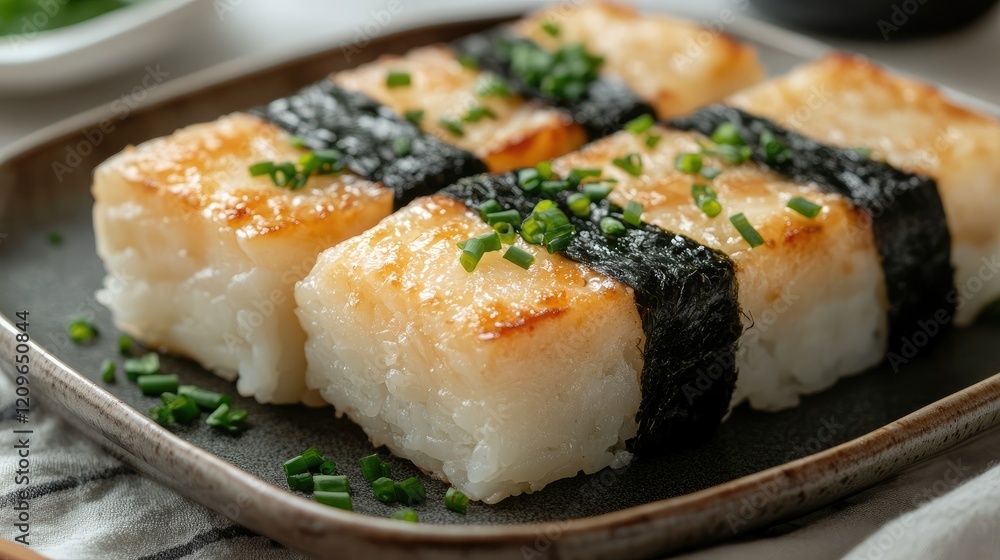 Delicious baked sushi rice rolls with cream cheese garnished with green onions on a stylish plate ideal for food advertising and promotions Delicious baked sushi rice rolls with cream cheese garnished with green onions on a stylish plate ideal for food advertising and promotions