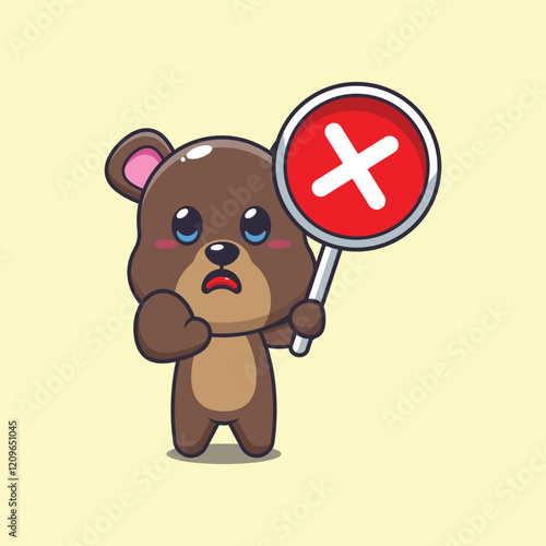 bear mascot cartoon character vector illustration with wrong sign.