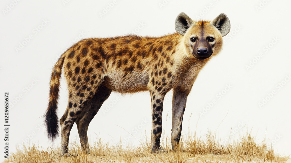Portrait of a spotted hyena in its natural African wildlife habitat, featuring the majestic animal against a clean white background Portrait of a spotted hyena in its natural African wildlife habitat, featuring the majestic animal against a clean white background