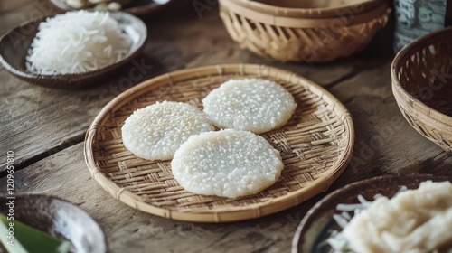 Freshly prepared rice cakes served on a wooden plate surrounded by traditional ingredients for a wholesome lunch experience. photo