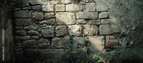 Rustic weathered stone wall texture illuminated by natural light perfect for photography and design projects featuring organic aesthetics photo