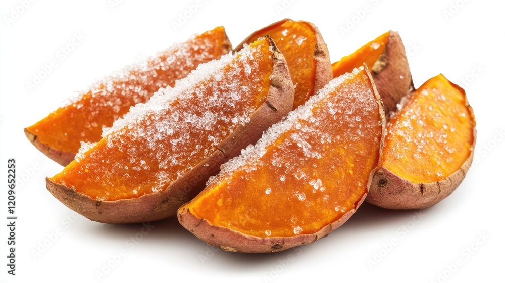 Roasted Sweet Potatoes Garnished with Granulated Sugar on a Clean Bright White Background, Featuring Vibrant Orange Colors and Textures Roasted Sweet Potatoes Garnished with Granulated Sugar on a Clean Bright White Background, Featuring Vibrant Orange Colors and Textures