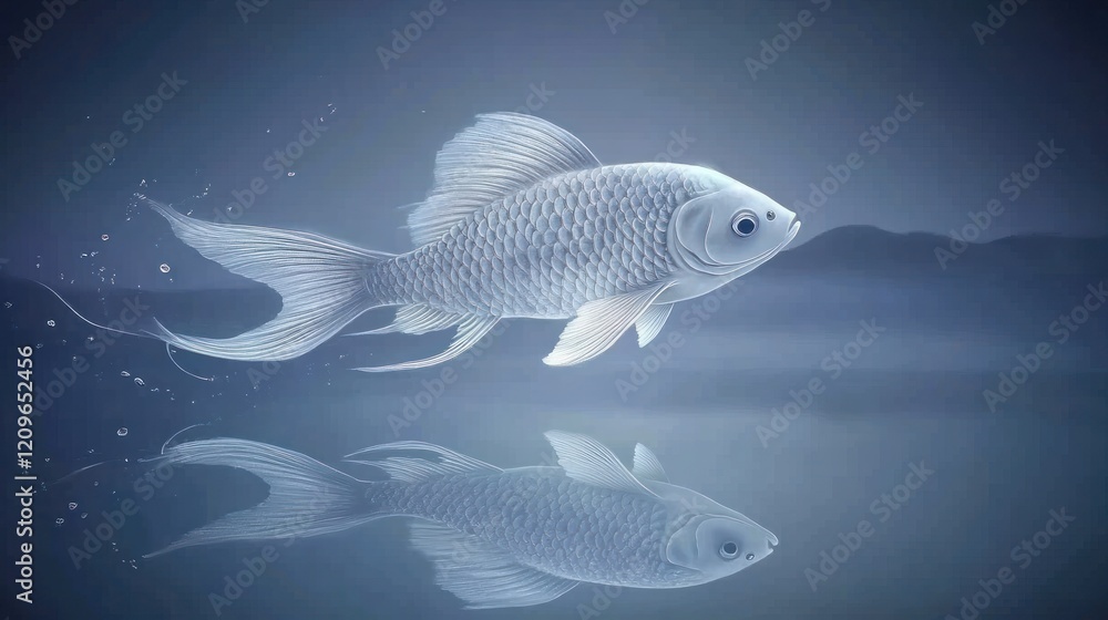 Ethereal white fish swimming, reflecting in calm water, misty mountains background. Ethereal white fish swimming, reflecting in calm water, misty mountains background.