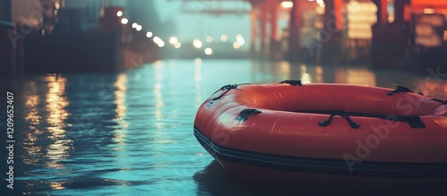 Cargo transportation concept featuring a rubber inflatable boat in a vintage industrial setting with reflective water at night. photo