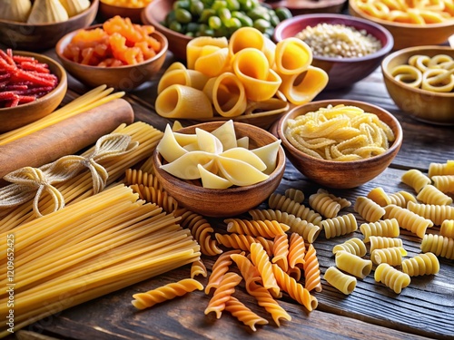 Diverse Dried Pasta Assortment: Wholemeal & Italian Shapes Close-Up photo