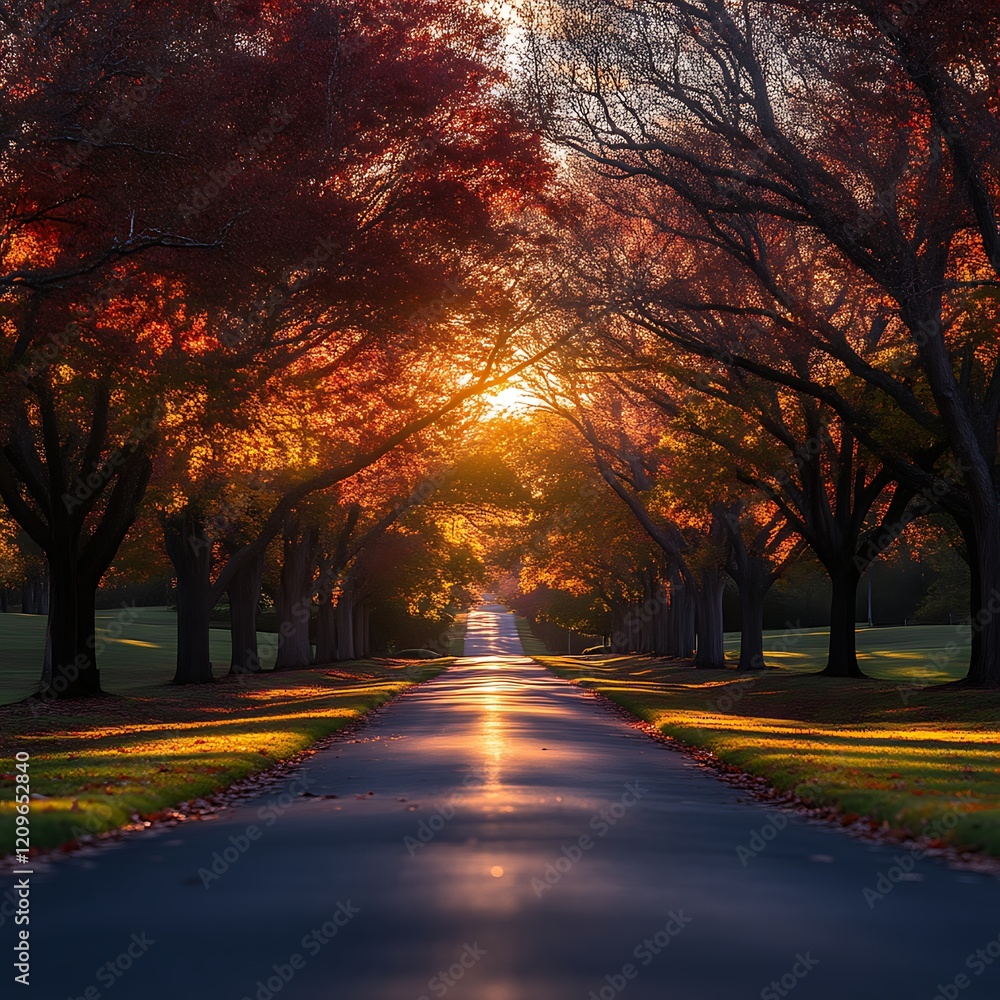 Fototapeta premium Sunlit autumn road through vibrant trees.