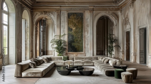 A contemporary Mocha Mousse sofa set in a monochrome-themed living room with a hint of greenery