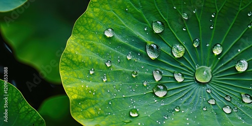 Vibrant green lotus leaf with water droplets scattered across its surface highlighting intricate leaf texture in a fresh natural setting.