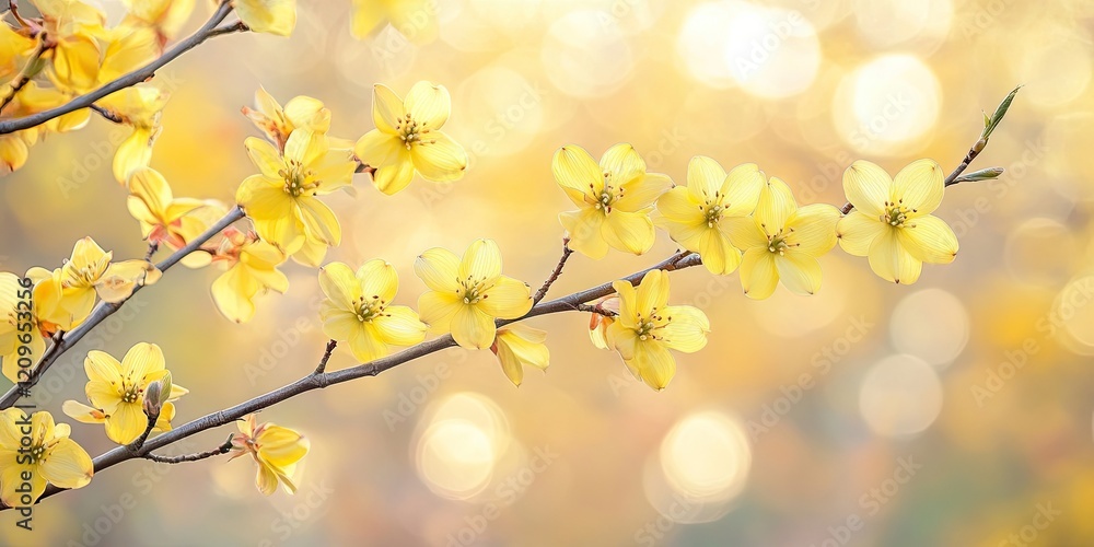Vibrant yellow dogwood blossoms on a slender branch against a softly blurred golden backdrop with glowing bokeh highlights creating a serene atmosphere Vibrant yellow dogwood blossoms on a slender branch against a softly blurred golden backdrop with glowing bokeh highlights creating a serene atmosphere