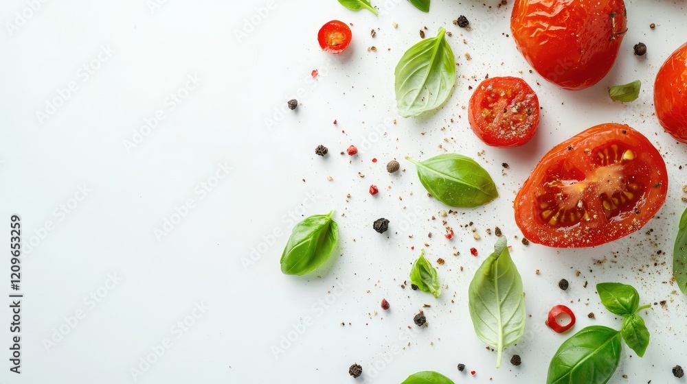 Roasted Red Tomato Sauce with Fresh Basil and Spices on White Surface Flat Lay Arrangement Featuring Cherry Tomatoes and Green Leaves Roasted Red Tomato Sauce with Fresh Basil and Spices on White Surface Flat Lay Arrangement Featuring Cherry Tomatoes and Green Leaves