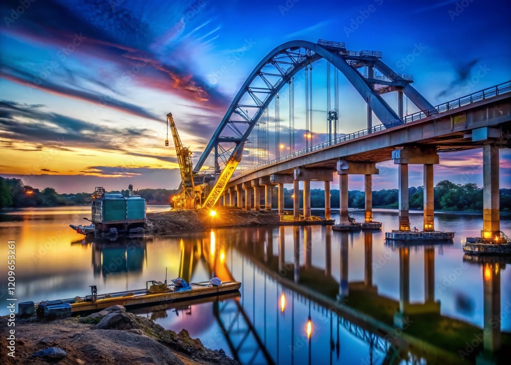 Fototapeta premium Dnipro Bridge Repair, July 2019: Nighttime Construction Under Blue Sky