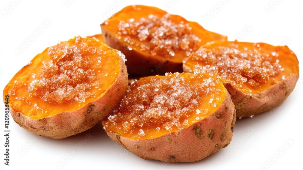 Roasted Orange Sweet Potatoes with Granulated Sugar on Bright White Background Fresh Culinary Delight for Healthy Eating Concepts Roasted Orange Sweet Potatoes with Granulated Sugar on Bright White Background Fresh Culinary Delight for Healthy Eating Concepts