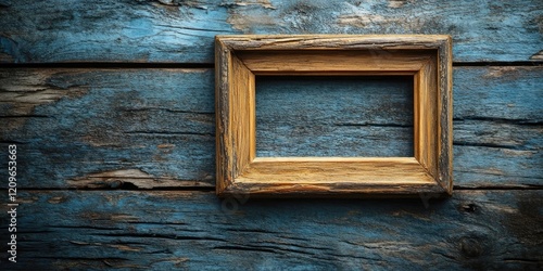 Vintage wooden background with distressed blue wood and a rustic wooden picture frame positioned to the left for a classic nostalgic feel photo