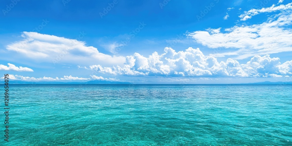 Obraz premium Emerald sea under bright blue sky with white clouds, calm water surface reflecting light, tranquil seascape on a clear day.