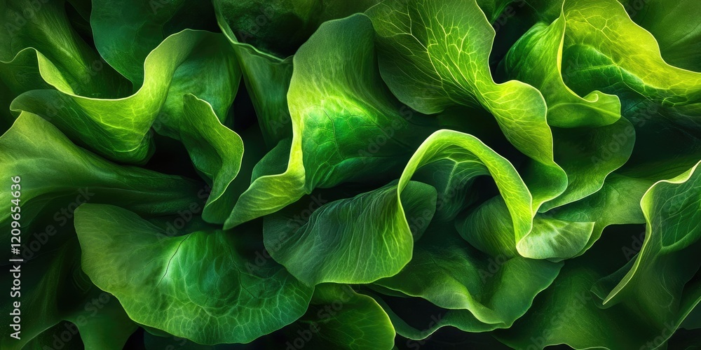 Obraz premium Fresh vibrant green lettuce leaves arranged in a wave pattern with a dark background providing space for text and emphasizing the lush texture
