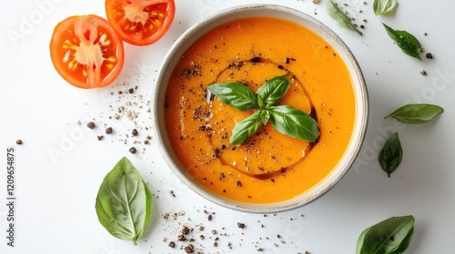 Roasted Red Tomato Sauce with Fresh Basil and Spices on a Crisp White Surface with Sliced Tomatoes and Green Basil Leaves Flat Lay Scene photo