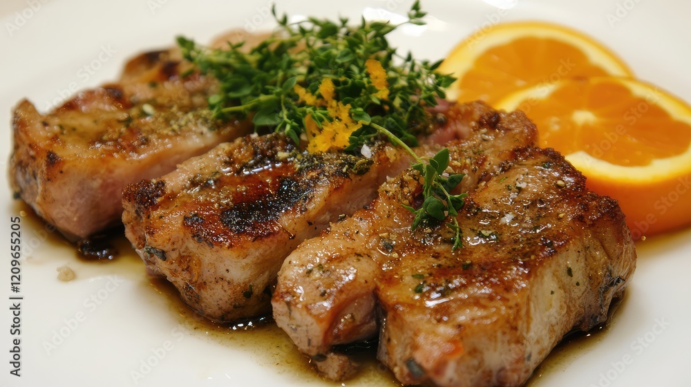 Roasted rabbit garnished with fresh thyme and orange zest served on a white plate with vibrant orange slices, showcasing rich textures and colors. Roasted rabbit garnished with fresh thyme and orange zest served on a white plate with vibrant orange slices, showcasing rich textures and colors.