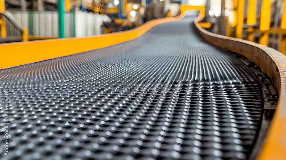 Fototapeta premium A close-up of a conveyor belt in a factory, showcasing its textured surface and industrial environment.