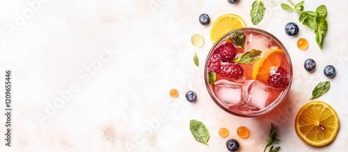 Wallpaper Mural Vibrant summer cocktail featuring fresh raspberries, blueberries, and lemon slices on a marble surface with blank space for creative text. Torontodigital.ca