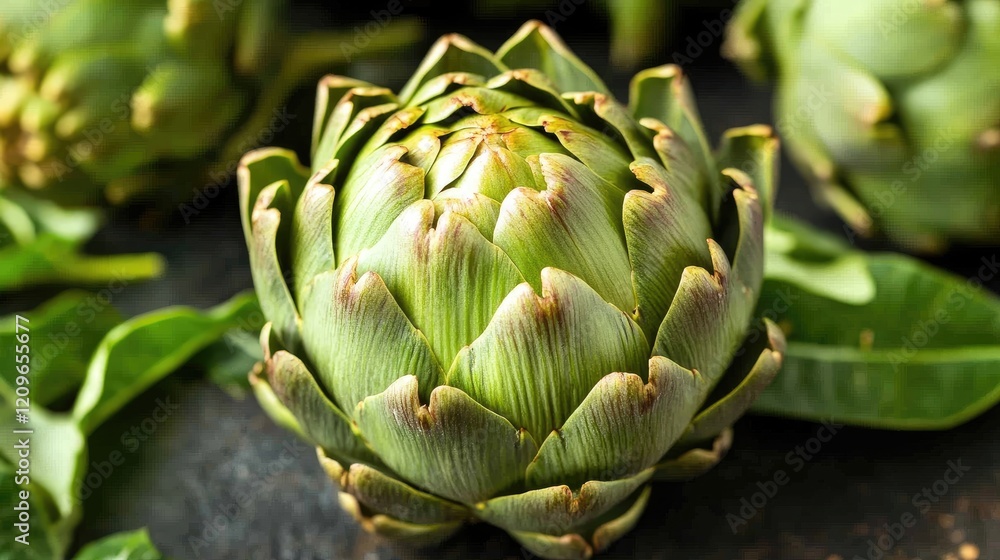 Close up of a single fresh artichoke on a dark textured background showcasing its unique texture and vibrant green color Close up of a single fresh artichoke on a dark textured background showcasing its unique texture and vibrant green color